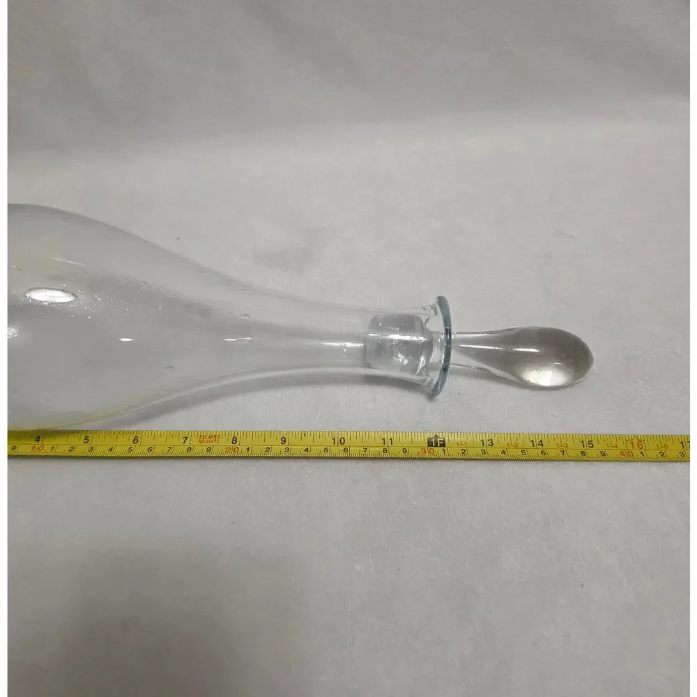 Vintage Hand-Blown Clear Glass Wine Decanter with Stopper, Etched Floral Details